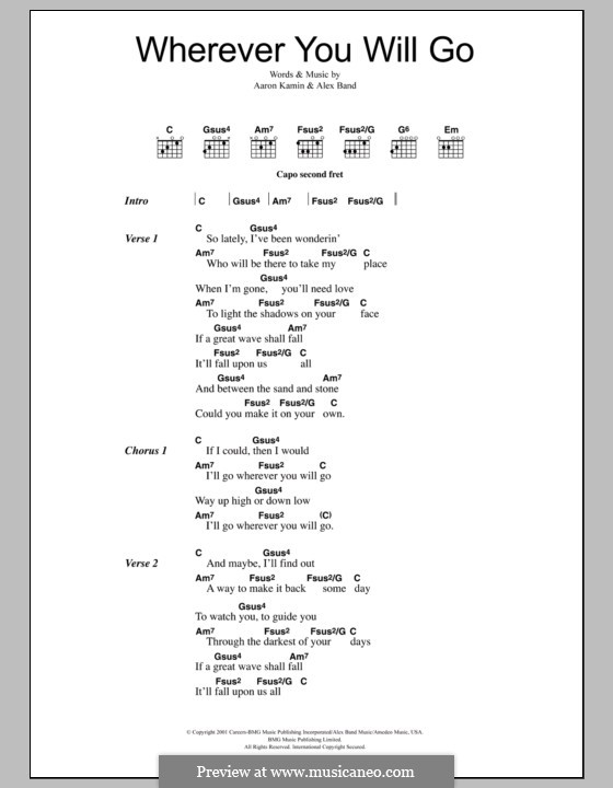 Wherever You Will Go (The Calling): Lyrics and chords by Aaron Kamin, Alex Band