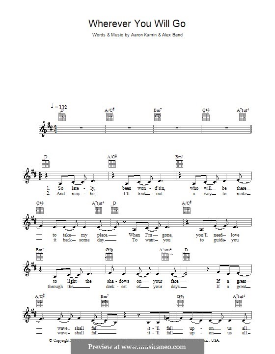 Wherever You Will Go (The Calling): Melody line, lyrics and chords by Aaron Kamin, Alex Band