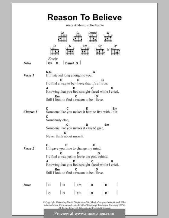 Reason To Believe: Lyrics and chords by Tim Hardin.