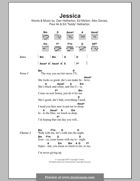Jessica: Lyrics and chords by Alex Davies, Dan Hetherton, Ed Minton, Ed 'Teddy' Hetherton, Elliot Minor, Paul Ali