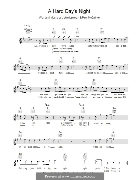 A Hard Day's Night (The Beatles): Melody line, lyrics and chords by John Lennon, Paul McCartney