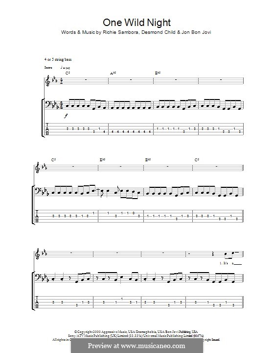 One Wild Night (Bon Jovi): For bass guitar with tab by Desmond Child, Jon Bon Jovi, Richie Sambora