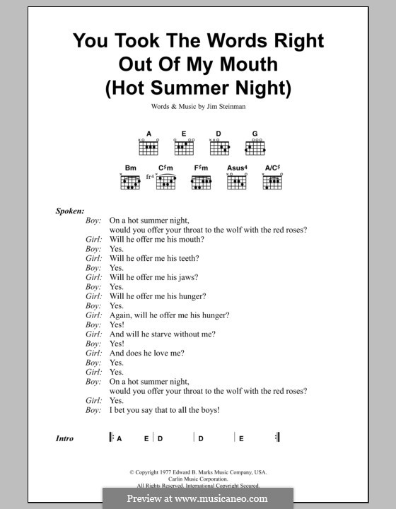 You Took the Words Right Out of My Mouth (Hot Summer Night): Lyrics and chords (Meat Loaf) by Jim Steinman