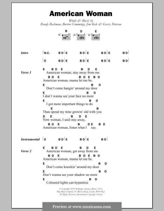 American Woman (Lenny Kravitz): Lyrics and chords by Burton Cummings, Garry Peterson, Jim Kale, Randy Bachman