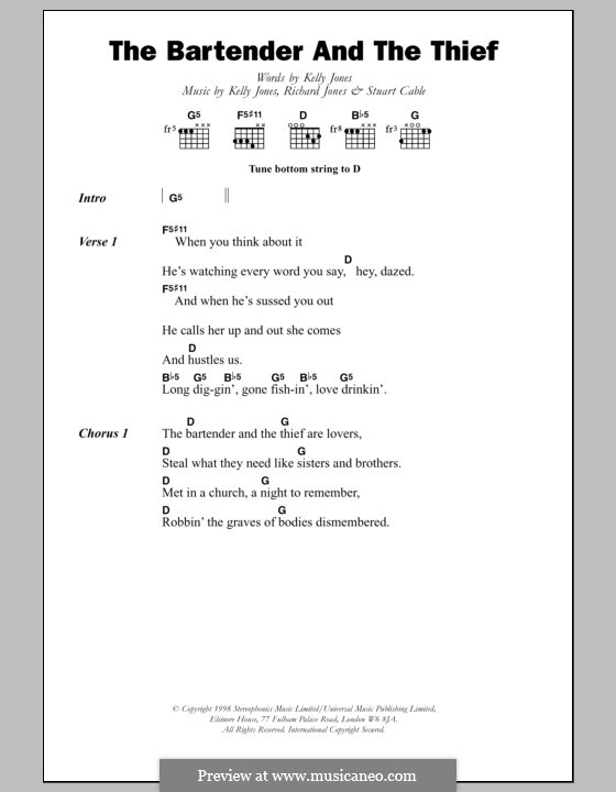 The Bartender and the Thief (Stereophonics): Lyrics and chords by Kelly Jones, Richard Jones, Stuart Cable