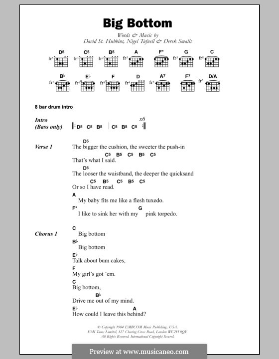 Big Bottom (Spinal Tap): Lyrics and chords by David St. Hubbins, Derek Smalls, Nigel Tufnell