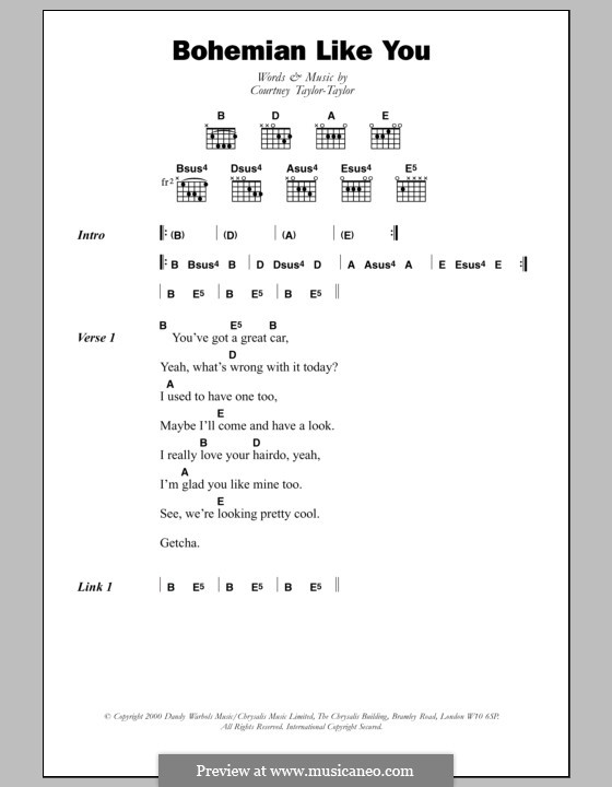 Bohemian Like You (The Dandy Warhols): Lyrics and chords by Courtney Taylor-Taylor