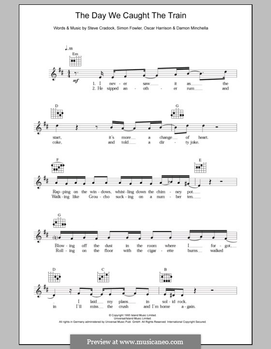 The Day We Caught the Train (Ocean Colour Scene): Melody line, lyrics and chords by Damon Minchella, Oscar Harrison, Simon Fowler, Steve Cradock