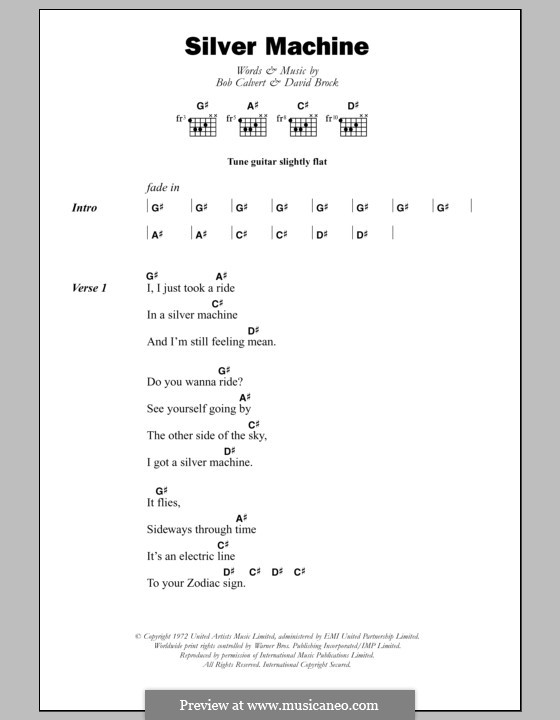 Silver Machine (Hawkwind): Lyrics and chords by Bob Calvert, David Brock