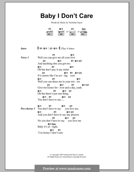 Baby I Don't Care (Transvision Vamp): Lyrics and chords by Nicholas Sayer