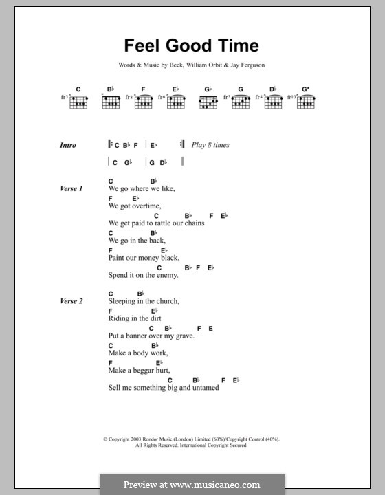 Feel Good Time (Pink featuring William Orbit): Lyrics and chords by Beck Hansen, Jay Ferguson, William Orbit