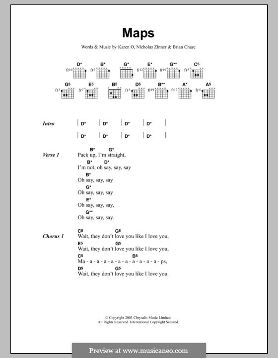 Maps (Yeah Yeah Yeahs): Lyrics and chords by Brian Chase, Karen O, Nicholas Zinner