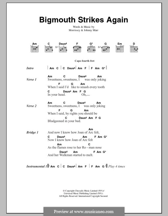 Bigmouth Strikes Again (The Smiths): Lyrics and chords by Morrissey, Johnny Marr