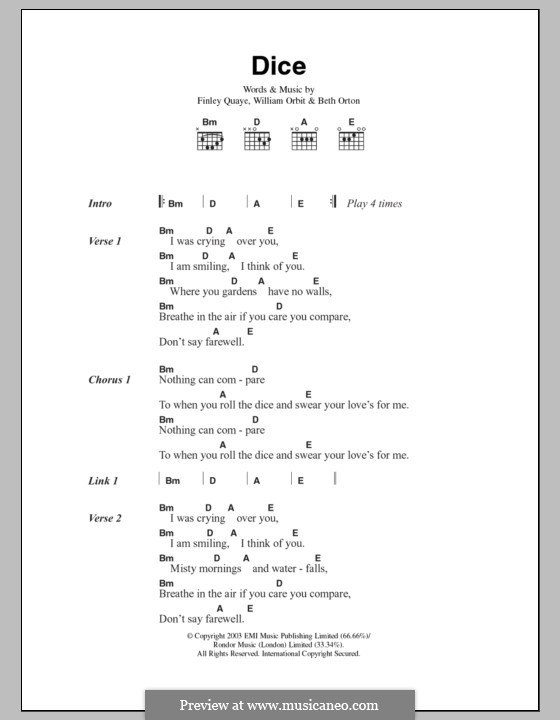 Dice: Lyrics and chords by Beth Orton, William Orbit