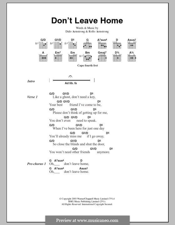 Don't Leave Home (Dido): Lyrics and chords by Dido Armstrong, Rollo Armstrong