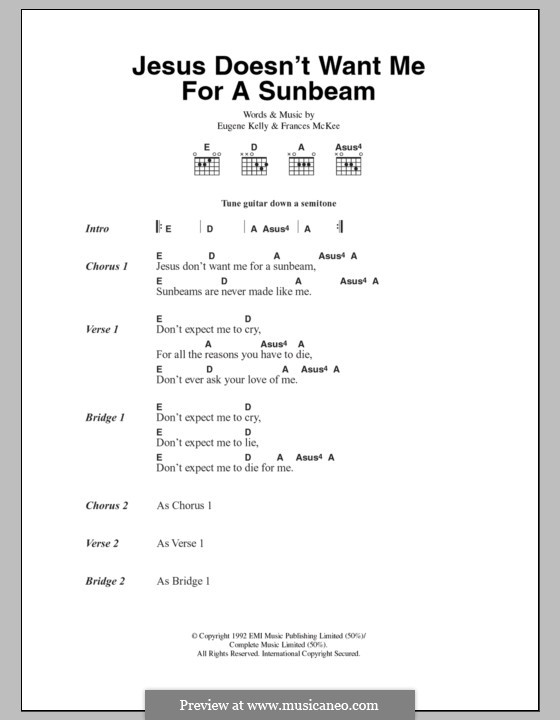 Jesus Doesn't Want Me for a Sunbeam (Nirvana): Lyrics and chords by Edward Harry Kelly, Frances McKee
