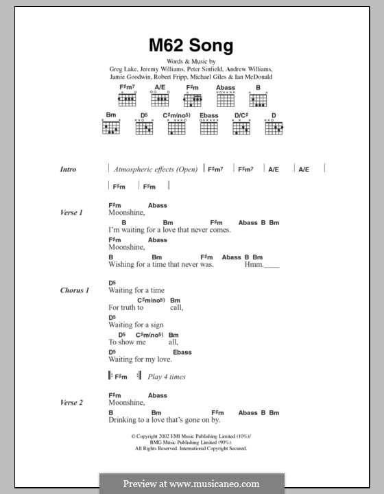 M62 Song (Doves): Lyrics and chords by Andrew Williams, Greg Lake, Ian McDonald, Jamie Goodwin, Jeremy Williams, Michael Giles, Peter Sinfield, Robert Fripp