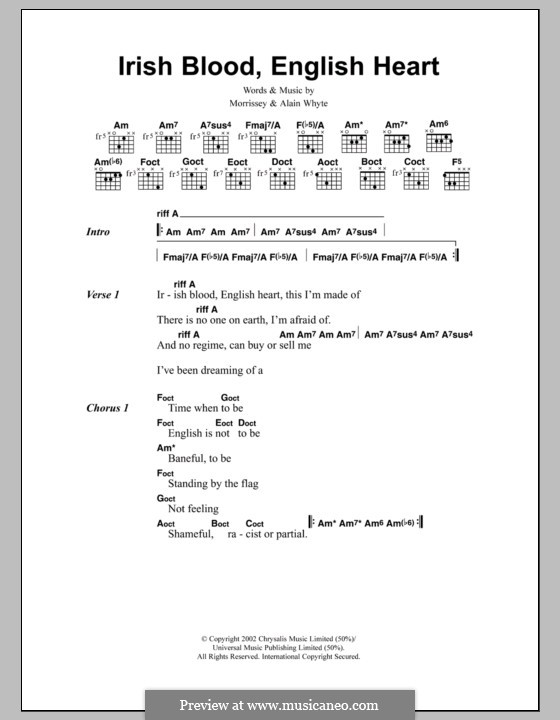 Irish Blood, English Heart: Lyrics and chords by Morrissey, Alain Whyte