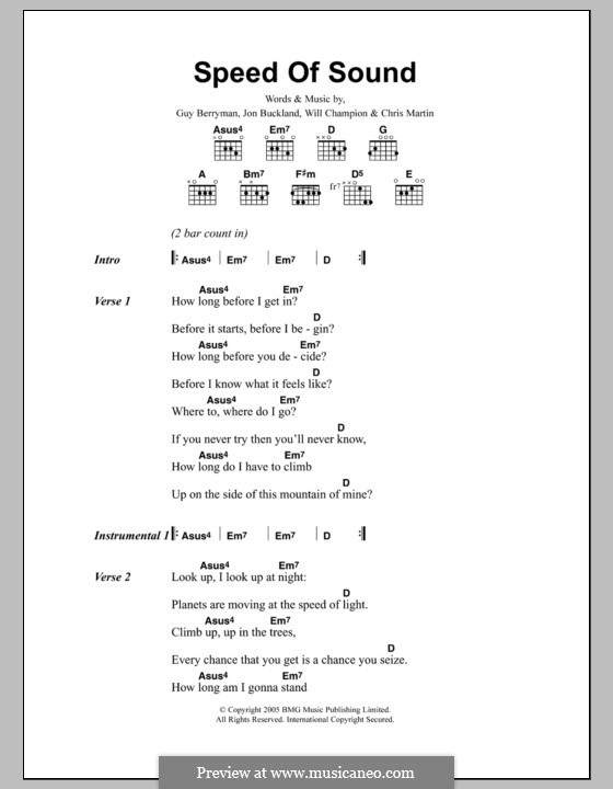 Speed of Sound (Coldplay): Lyrics and chords by Chris Martin, Guy Berryman, Jonny Buckland, Will Champion