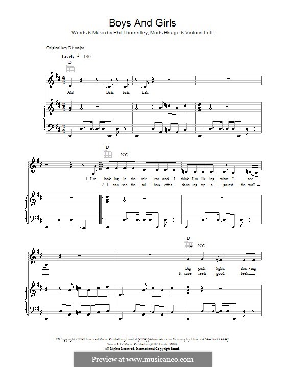 Boys and Girls (Pixie Lott): For voice and piano (or guitar) by Mads Hauge, Phil Thornalley, Victoria Lott