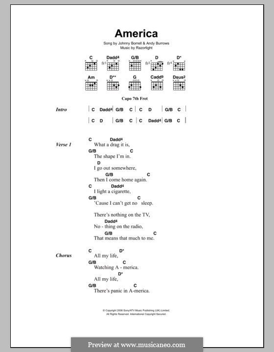 America (Razorlight): Lyrics and chords by Andy Burrows, Johnny Borrell