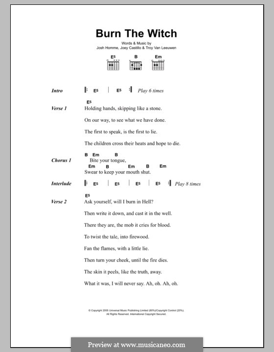 Burn the Witch (Queens of the Stone Age): Lyrics and chords by Joey Castillo, Joshua Homme, Troy Van Leeuwen