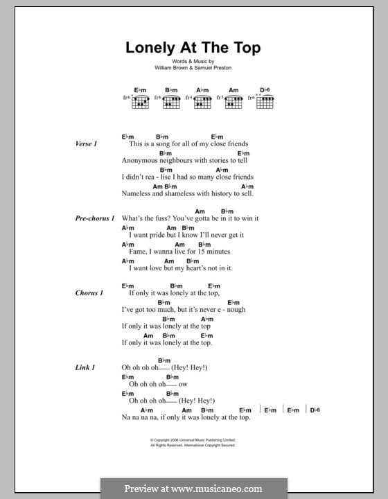 Lonely at the Top (The Ordinary Boys): Lyrics and chords by Samuel Preston, William Brown
