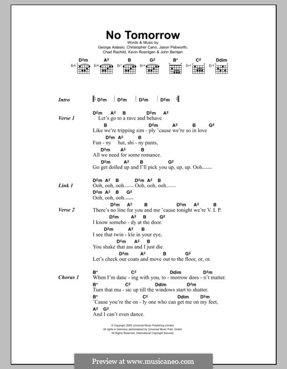 No Tomorrow (Orson): Lyrics and chords by Chad Rachild, Christopher Cano, George Astasio, Jason Pebworth, John Bentjen, Kevin Roentgen