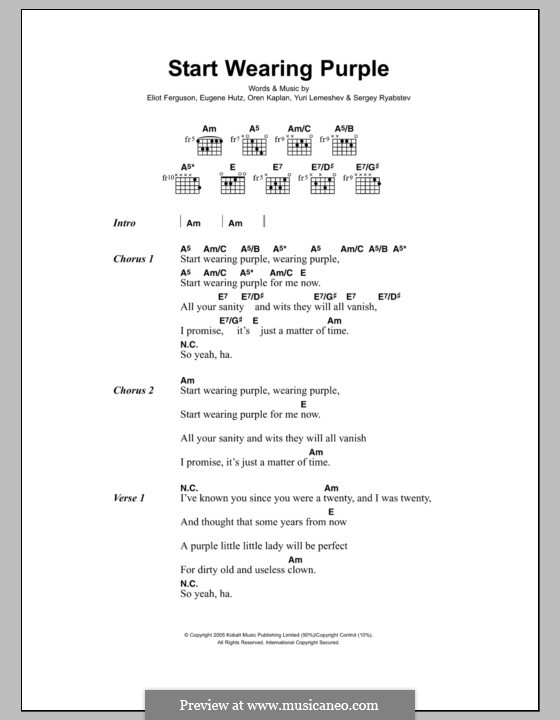 Start Wearing Purple (Gogol Bordello): Lyrics and chords by Eliot Ferguson, Eugene Hutz, Oren Kaplan, Sergey Ryabstev, Yuri Lemeshev
