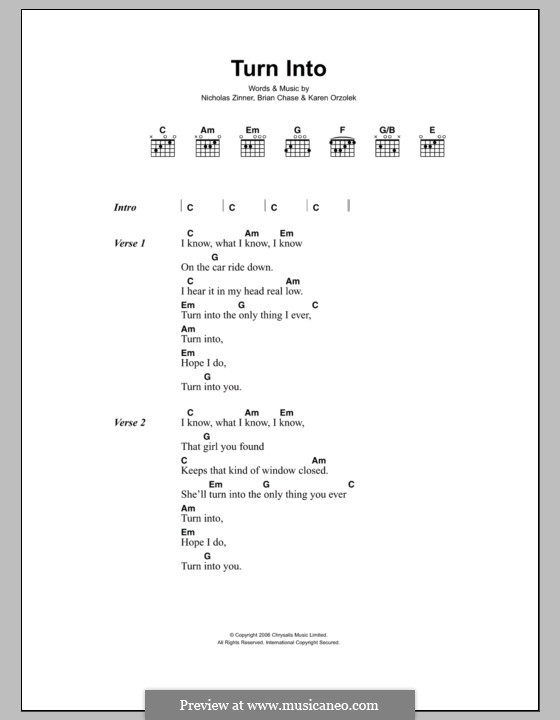 Turn Into (Yeah Yeah Yeahs): Lyrics and chords by Brian Chase, Karen O, Nicholas Zinner