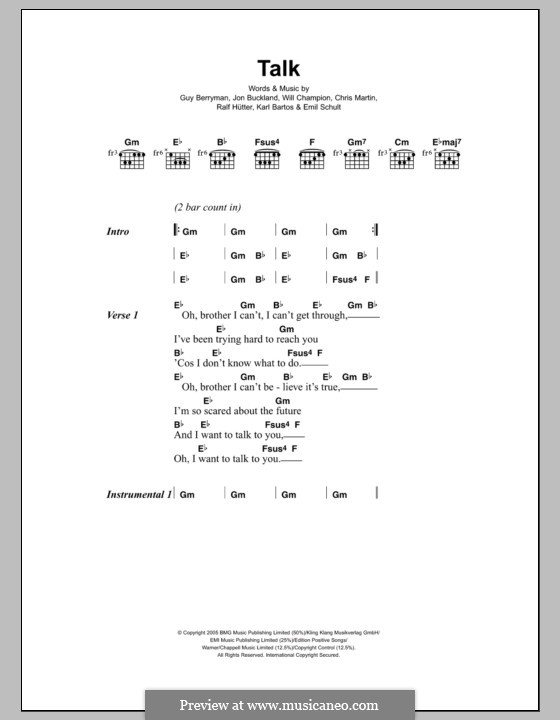 Talk (Coldplay) by C. Martin, E. Schult, G. Berryman, J. Buckland, K