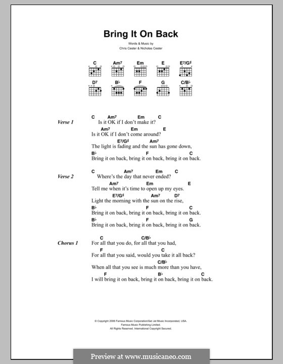 Bring it on Back (Jet): Lyrics and chords by Chris Cester, Nic Cester