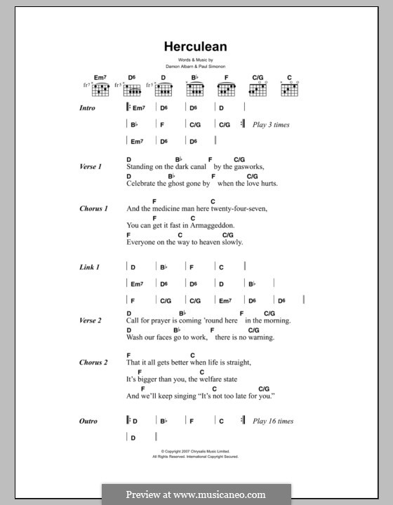Herculean (The Good The Bad & The Queen): Lyrics and chords by Damon Albarn, Paul Simonon