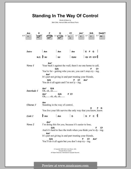 Standing in the Way of Control (The Gossip): Lyrics and chords by Beth Ditto, Hannah Blilie, Nathan Howdeshell