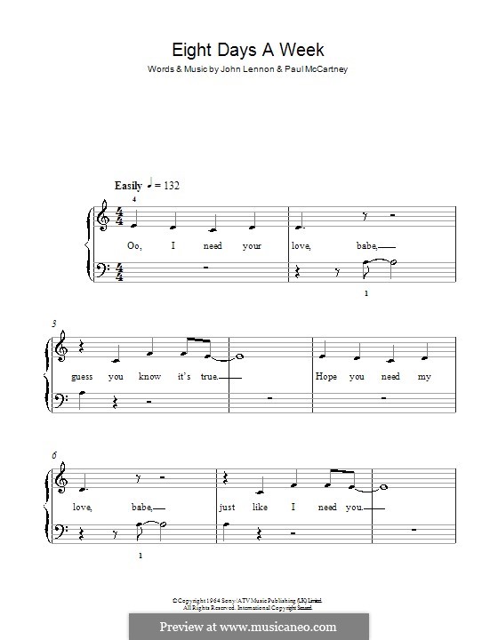 Eight Days a Week (The Beatles): For easy piano by John Lennon, Paul McCartney
