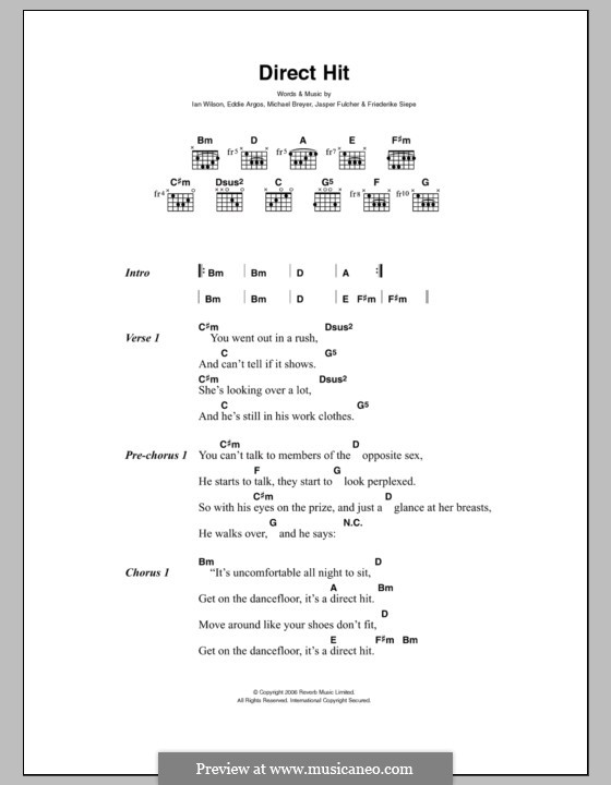 Direct Hit (Art Brut): Lyrics and chords by Eddie Argos, Friederike Siepe, Ian Wilson, Jasper Fulcher, Michael Breyer