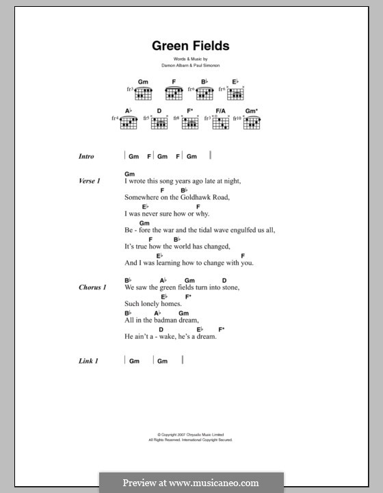 Green Fields (The Good The Bad & The Queen): Lyrics and chords by Damon Albarn, Paul Simonon