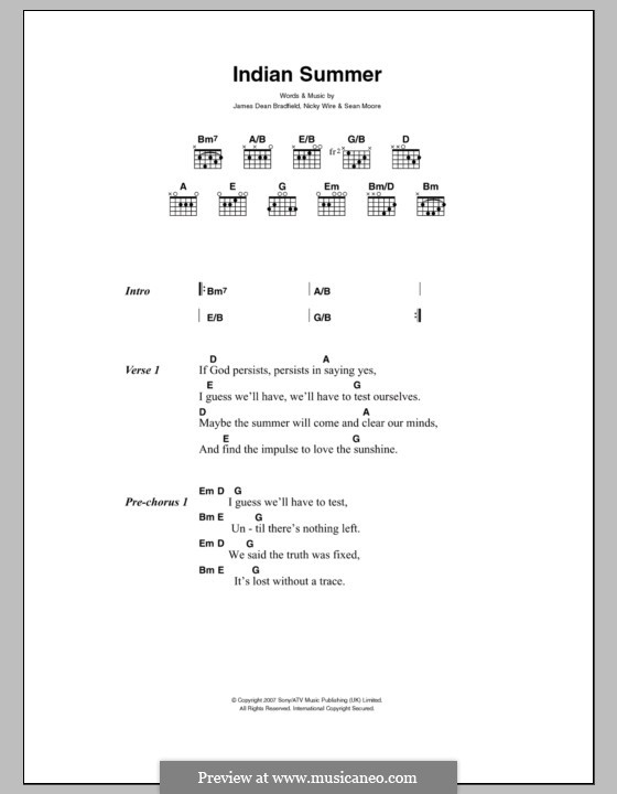 Indian Summer (The Manic Street Preachers): Lyrics and chords by James Dean Bradfield, Nicky Wire, Sean Moore