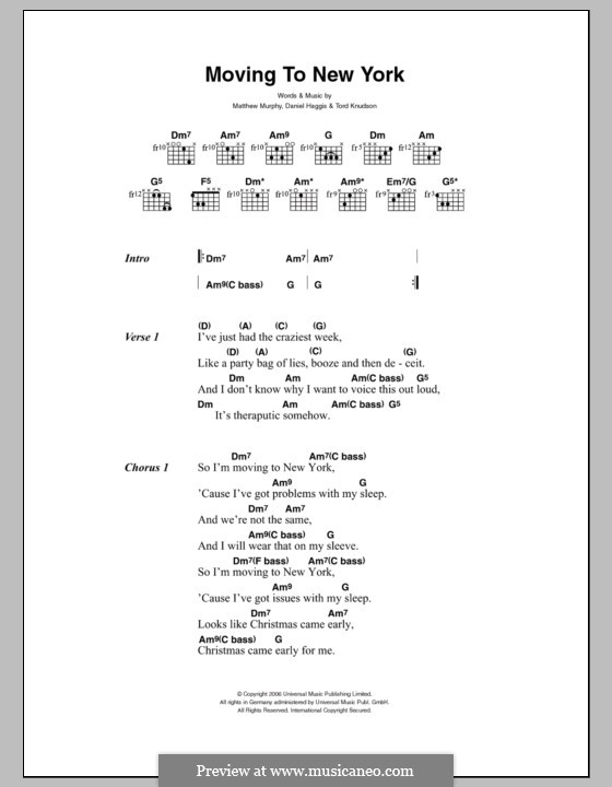 Moving to New York (The Wombats): Lyrics and chords by Daniel Haggis, Matthew Murphy, Tord Knudson