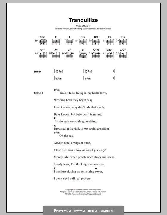 Tranquilize (The Killers): Lyrics and chords by Brandon Flowers, Dave Keuning, Mark Stoermer, Ronnie Vannucci