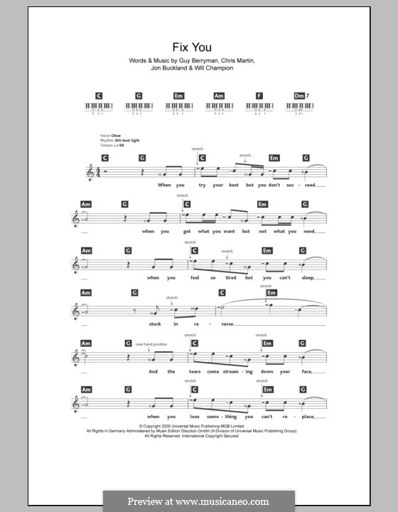 Fix You (Coldplay): For keyboard by Chris Martin, Guy Berryman, Jonny Buckland, Will Champion