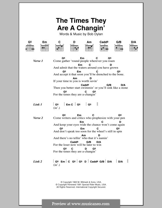 The Times They Are A-Changin': Lyrics and chords by Bob Dylan