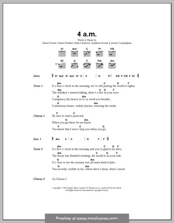 4am (The Levellers): Lyrics and chords by Charles Heather, Jeremy Cunningham, Jonathan Sevink, Mark Chadwick, Simon Friend