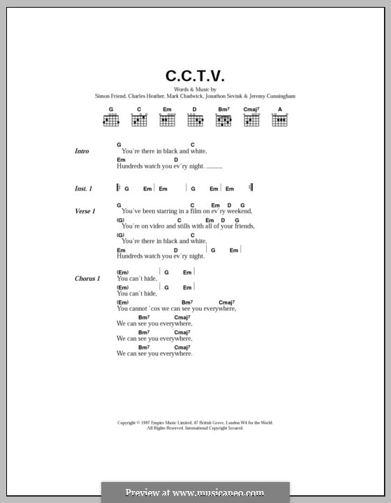 CCTV (The Levellers): Lyrics and chords by Charles Heather, Jeremy Cunningham, Jonathan Sevink, Mark Chadwick, Simon Friend