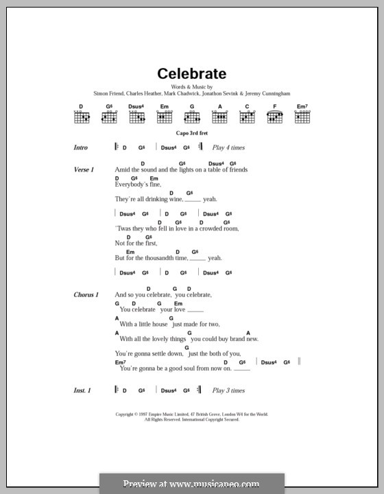 Celebrate (The Levellers): Lyrics and chords by Charles Heather, Jeremy Cunningham, Jonathan Sevink, Mark Chadwick, Simon Friend