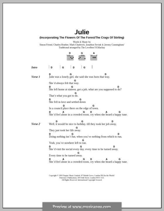 Julie (The Levellers): Lyrics and chords by Charles Heather, Jeremy Cunningham, Jonathan Sevink, Mark Chadwick, Simon Friend