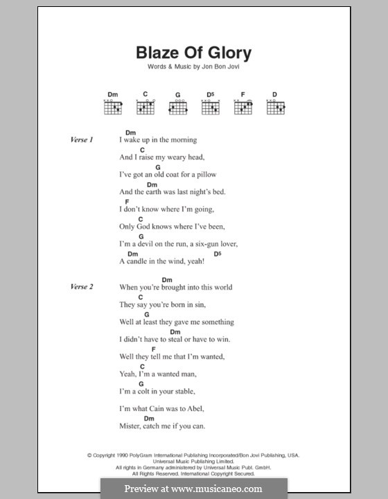 Blaze of Glory (Bon Jovi): Lyrics and chords by Jon Bon Jovi