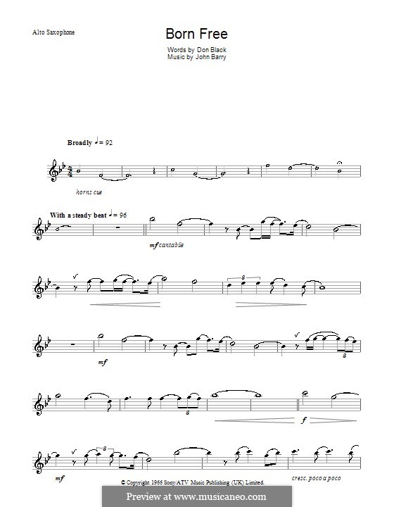 Born Free (Matt Monro): For alto saxophone by John Barry