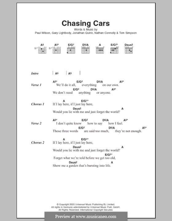 Chasing Cars (Snow Patrol): Lyrics and chords by Gary Lightbody, Jonathan Quinn, Nathan Connolly, Paul Wilson, Tom Simpson