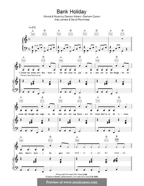 Bank Holiday (Blur): For voice and piano (or guitar) by Alex James, Damon Albarn, David Rowntree, Graham Coxon